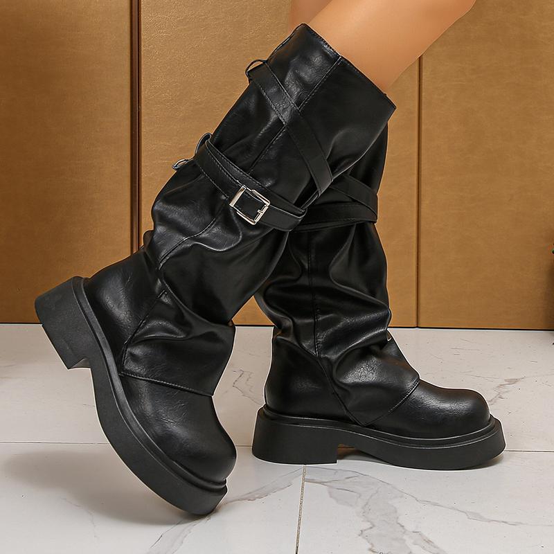 Fashion Fall Winter 2025 Fashion Pleated Knight Boots Buckle Strap Decor PU Leather Mid Calf Botas Mujer Chunky Platform Western Boots