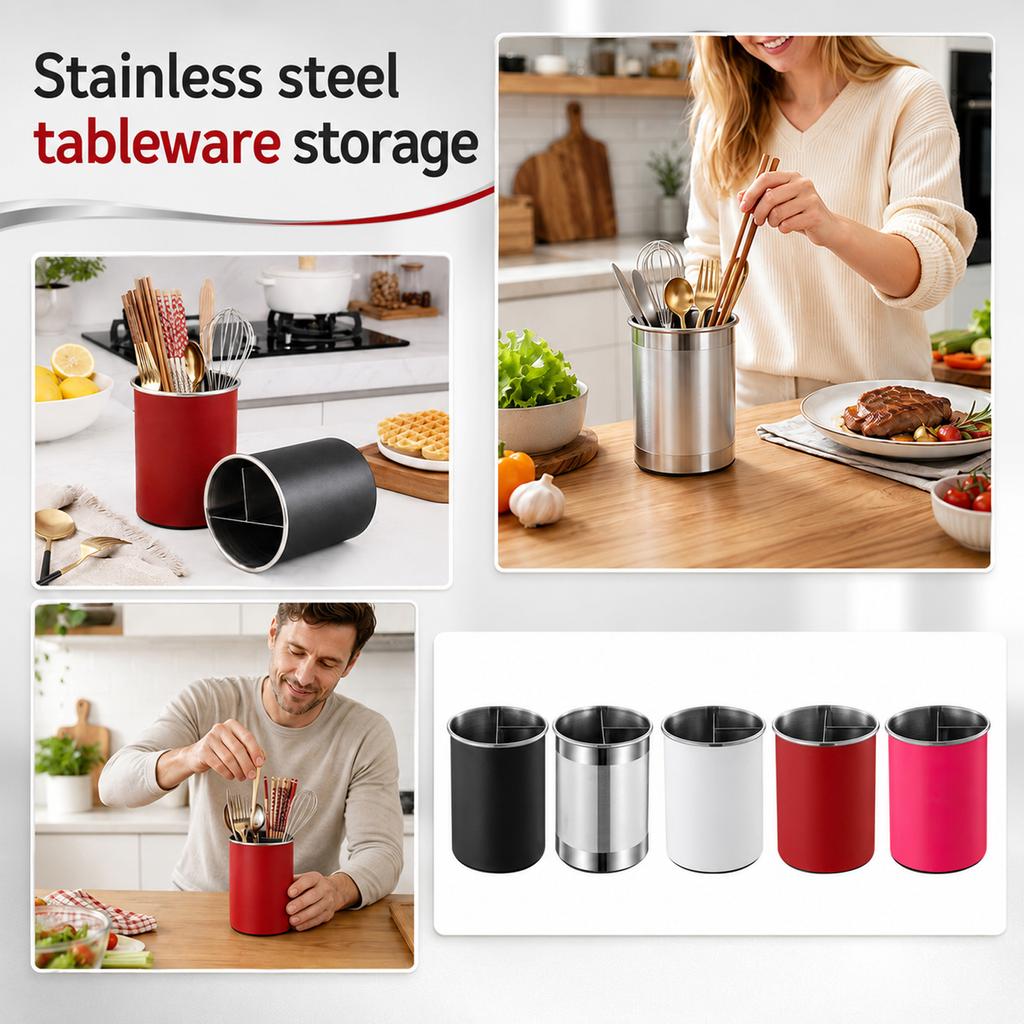 Stainless Rotating Kitchen Utensil Holder with Dividers, Multifunctional Countertop for Chopsticks, Cutlery, Spoons, Forks