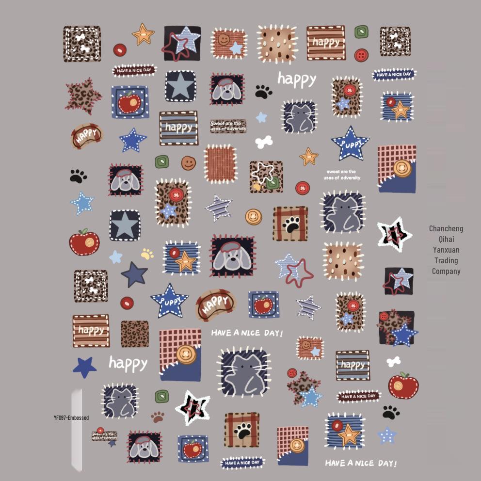 Patchwork Bear & Dora Adhesive Nail Stickers with Cute Heart and Camera Designs