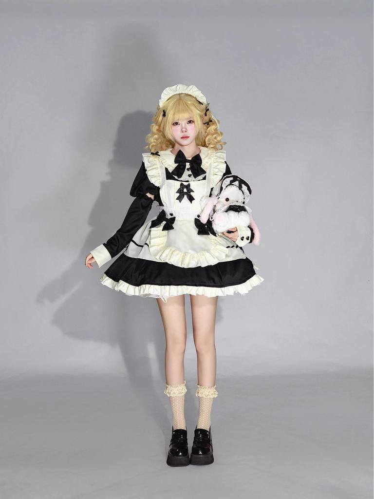 Elegant French Lolita Dress with Flutter Sleeves and Waist-Hugging Apron