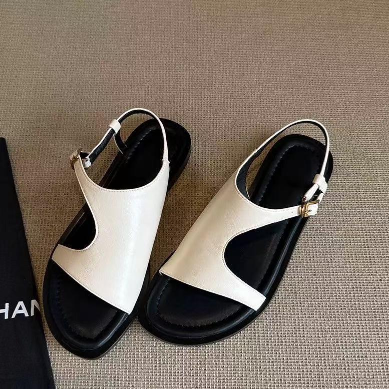 2025 Summer New Flat-soled Fashion Shoes Cowhide Sandals Open-toed Simple Soft-soled Commuter Sandals Korean Version Women's Shoes