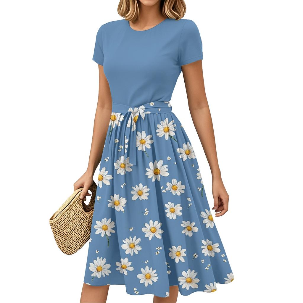 Dámská móda Ležérní pásek Krátký rukáv Kulatý výstřih Geometrický potisk Prošívaný Elegantní temperament Šaty