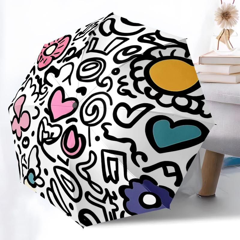 1pc Doodle Patterns Automatic Open/close Umbrella, 8-Rib Sturdy Structure, Portable Travel Umbrella, Parties, Everyday Use,32