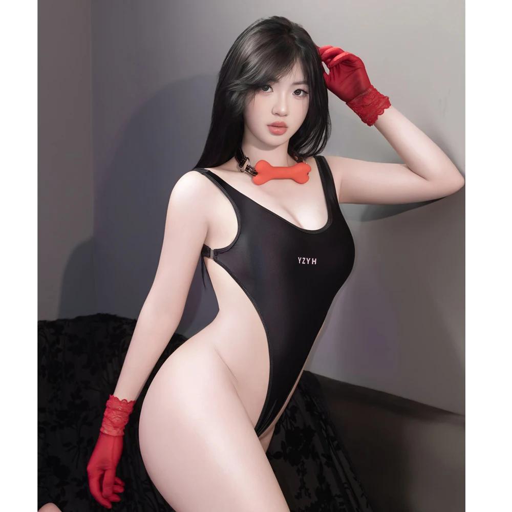 Satin Shiny High Cut Thong Bodysuit Tops Sleeveless Elastic Shaping Tights Women'S Sexy Leotard Onesies Woman Clothing
