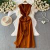 High-end Fashionable Design Light Luxury Metal Buckle V-neck Suit Dress Women's Sleeveless Waist Thin Split Skirt