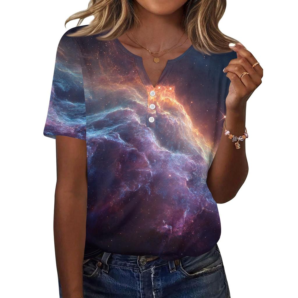 Damska Koszulka z Nadrukiem Guziki Krótki Rękaw Codzienna Weekendowa Moda Podstawowy Dekolt V Regularny Top