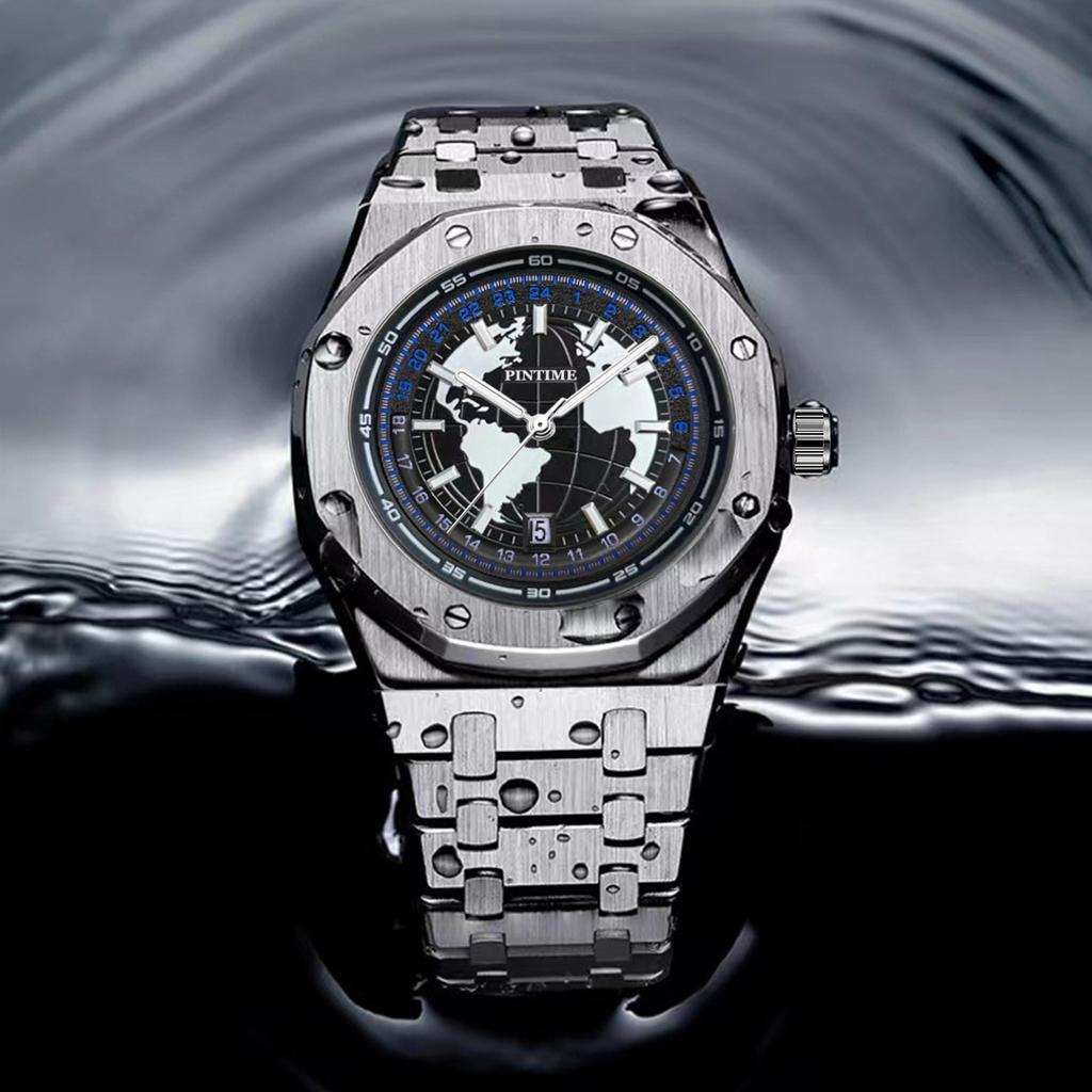 PINTIME Earth Style Men's Watches Stainless Steel Blue Planet Quartz Wristwatch for Man Luminous Waterproof Date