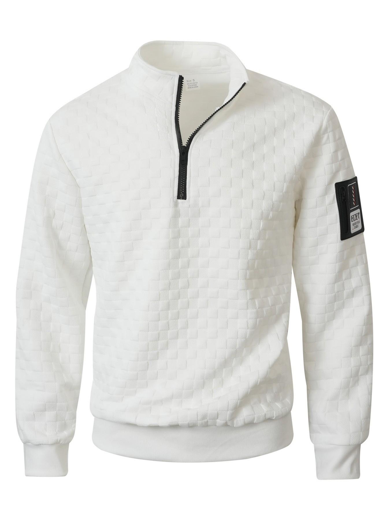 

European & American Men s Quilted Knit Pullover: Casual Waffle Check Jacquard Zipper Stand Collar Hoodie Small білий