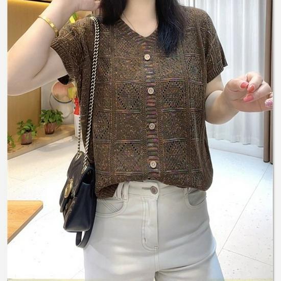 Women's Summer Knit Top with Flutter Sleeves - Breathable, Loose-Fit, Hollow Design, Short-Sleeve, Light Cardigan Style.