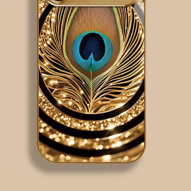 Golden Peacock Feather Pattern Gold Metallic Glass Phone Case For iPhone 11 12 13 14 15 16 17 Pro Max 14 Plus 17 Air 16E Cover