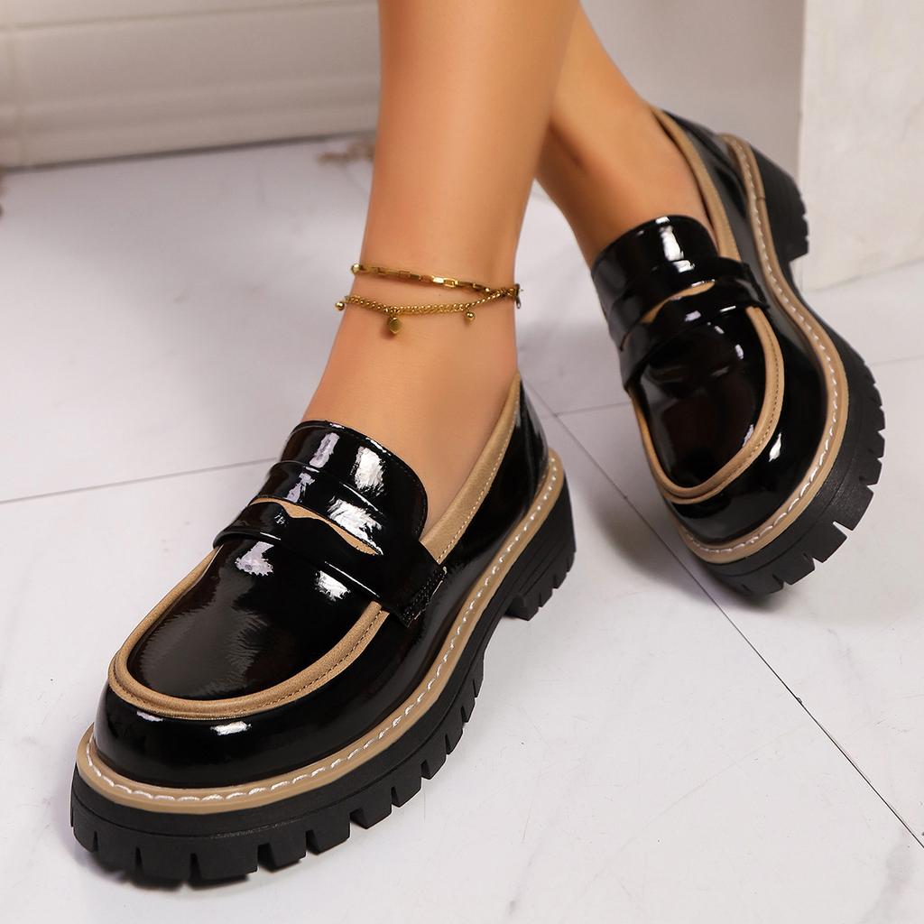 Fashion 2025 Bright Black women shoes Chunky Platform Loafers Women British Style Patent Leather Thick Sole Pumps Plus Size Lolita Shoes