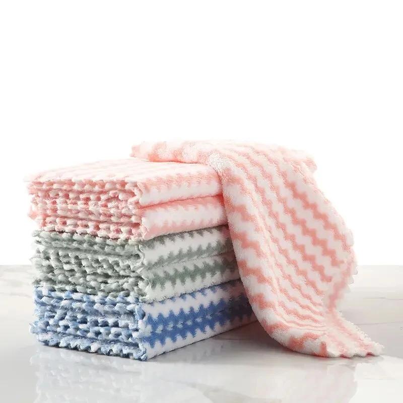 5/10/20Pcs Kitchen Wipes Coral Velvet Wave Design Wipes Microfibre Thickened Absorbent Wipes Household Cleaning Cloth Set