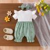 Baby Girl Bowknot Suspender Romper Set Toddler Two Piece Outfit Infant Short Sleeve Ribbed T-Shirt with Floral Print Overalls and Headband