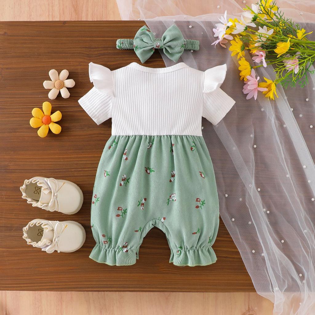 Baby Girl Bowknot Suspender Romper Set Toddler Two Piece Outfit Infant Short Sleeve Ribbed T-Shirt with Floral Print Overalls and Headband