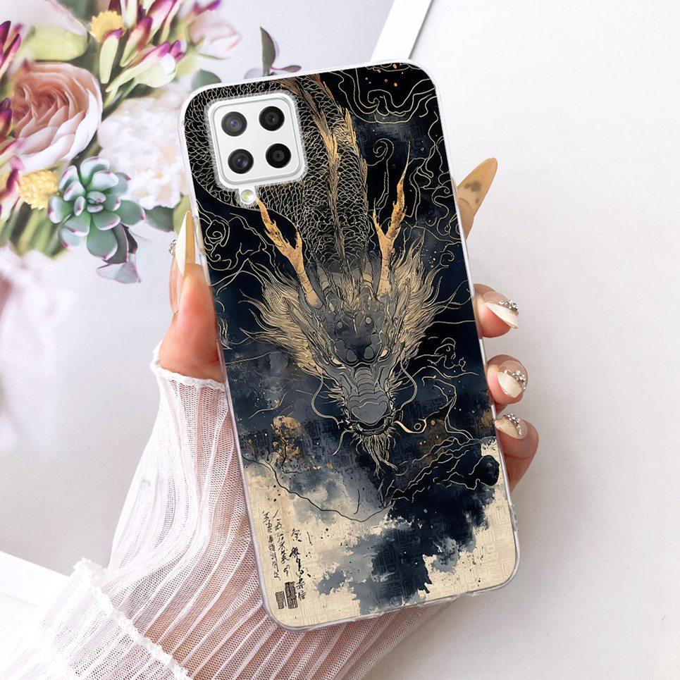 For Samsung Galaxy A22 A22s A12 F12 M12 F42 Phone Case Chinese Dragon Cute Cat Cartoon Pattern Casing Soft Clear Silicone Cover