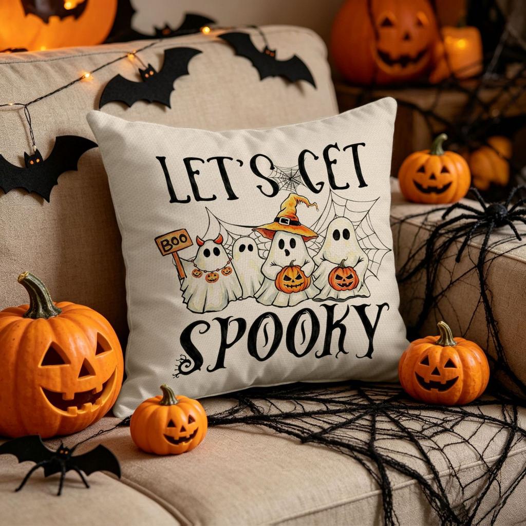 Halloween Decorative Pillow Cover Linen Fabric Indoor Sofa Cushion Case with Witch Ghost Pumpkin Spider Web Design for Autumn Seasonal Home Decor