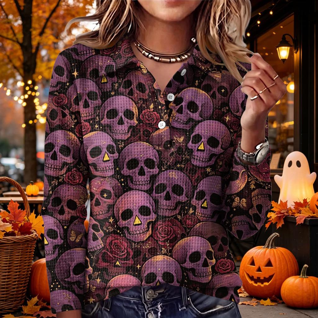 Women's Casual Long Sleeve Halloween Print Knit Top with Lapel Collar, Trendy Fall Outfit