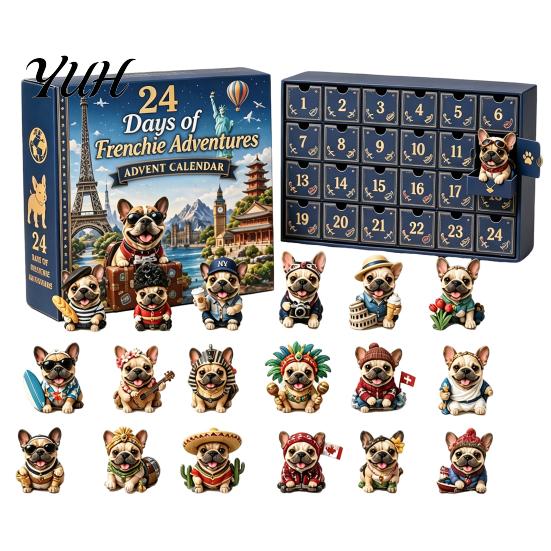 Bulldog Countdown Calendar French Advent Calendar, 24-Day Christmas Acrylic Ornament, Collectible Gift for Pet Owners Figurine Hanging Decor Tree, Dog