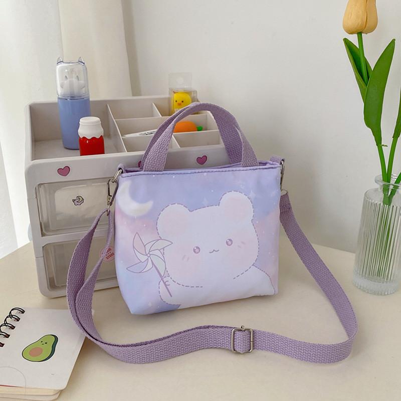 

Stylish Cartoon Print Crossbody Bag For Kids Versatile Canvas Shoulder Bag For Girls And Boys Purple Bear