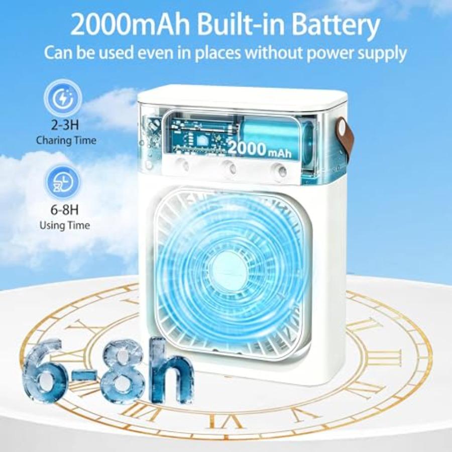 Portable Air Conditioners for bedroom and office, white ABS plastic mini air cooler fan with 2000mAh battery, 500ML tank, 3-spe