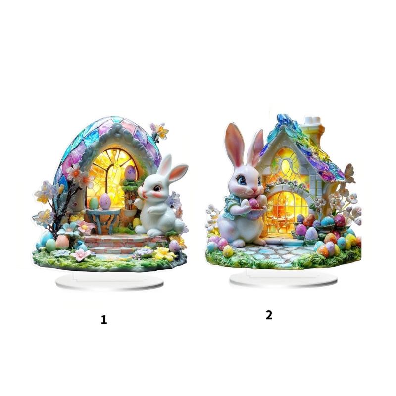 Standing Rabbit Figurines Home Decoration Acrylic Bunnies Statues Sculpture with Easters Eggs for Office Room Decors