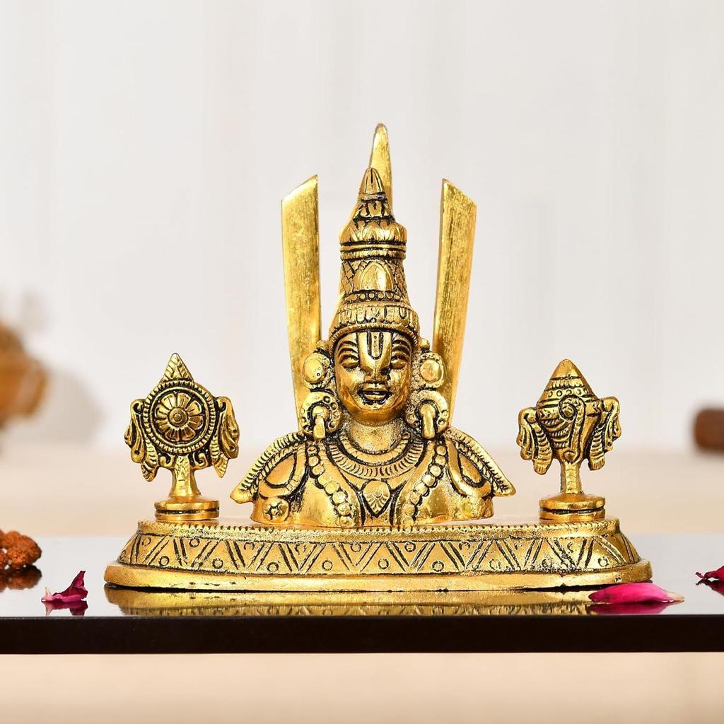 Tirupati Balaji Venkateshwara Face Bust Idol Vishnu Chakra Namah Shankh Aluminium Statue, Home & Office Table Showpiece House Warming Gifts