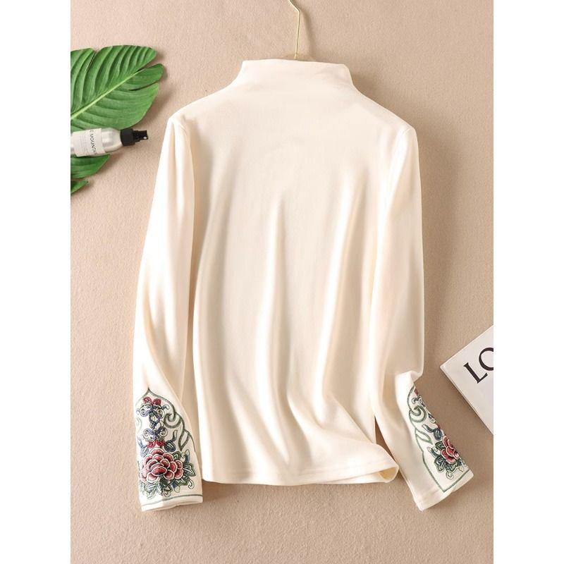 Women's Ethnic Embroidered Fleece T-shirt - Autumn/Winter Long Sleeve Half-High Collar
