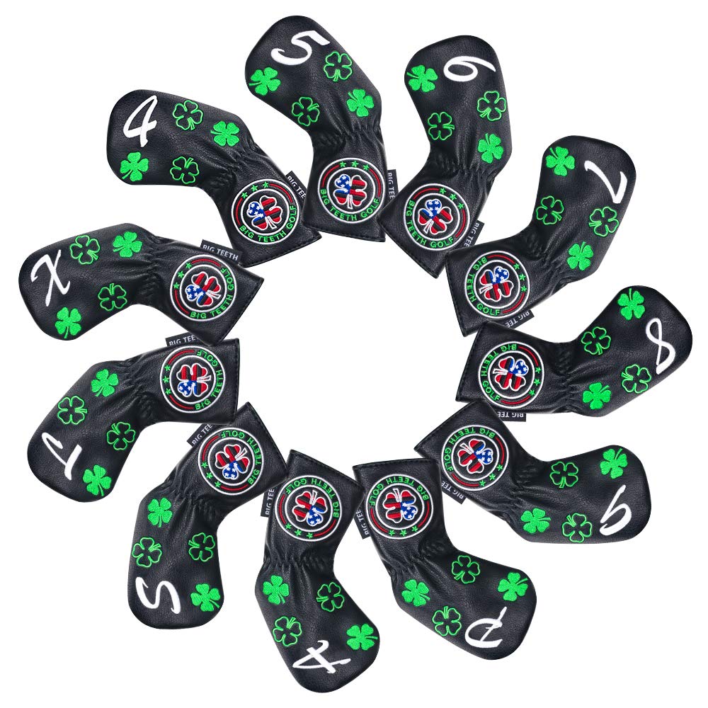 Big Teeth Golf Iron Headcover Set (11 Pieces: 4-9, P, A, S, L, X) with Embroidered Numbers, Long Neck, Elastic Closure, Clover Embroidery, Synthetic L