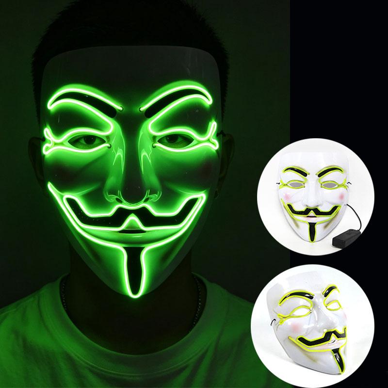 Halloween Glowing V Mask EL Wire Neon Light Up Anonymous Mask Cosplay Horror Luminous Mask for Man Women Haunted House Props