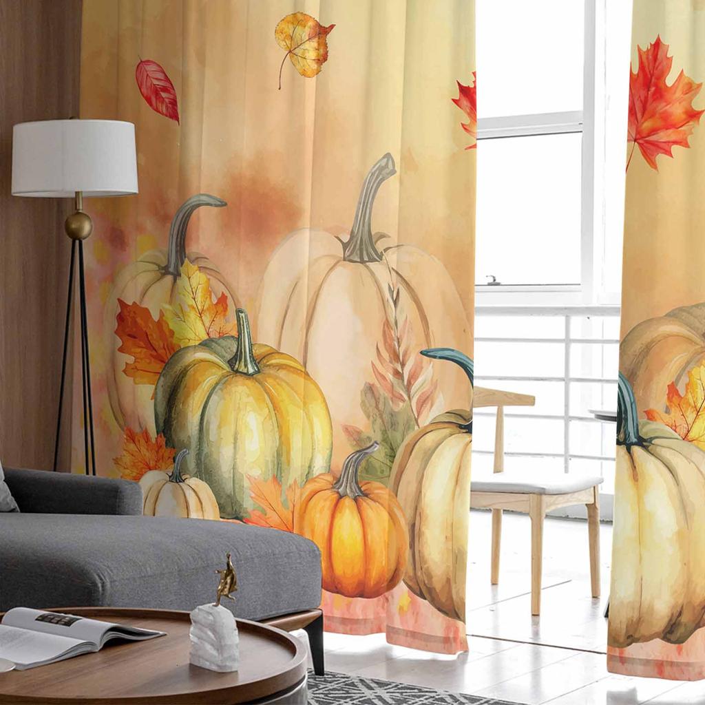 Thanksgiving Plants Pumpkin Ginkgo Leaf Watercolor Sheer Curtains for Kids Living Room Voile Window Curtains Tulle Drapes