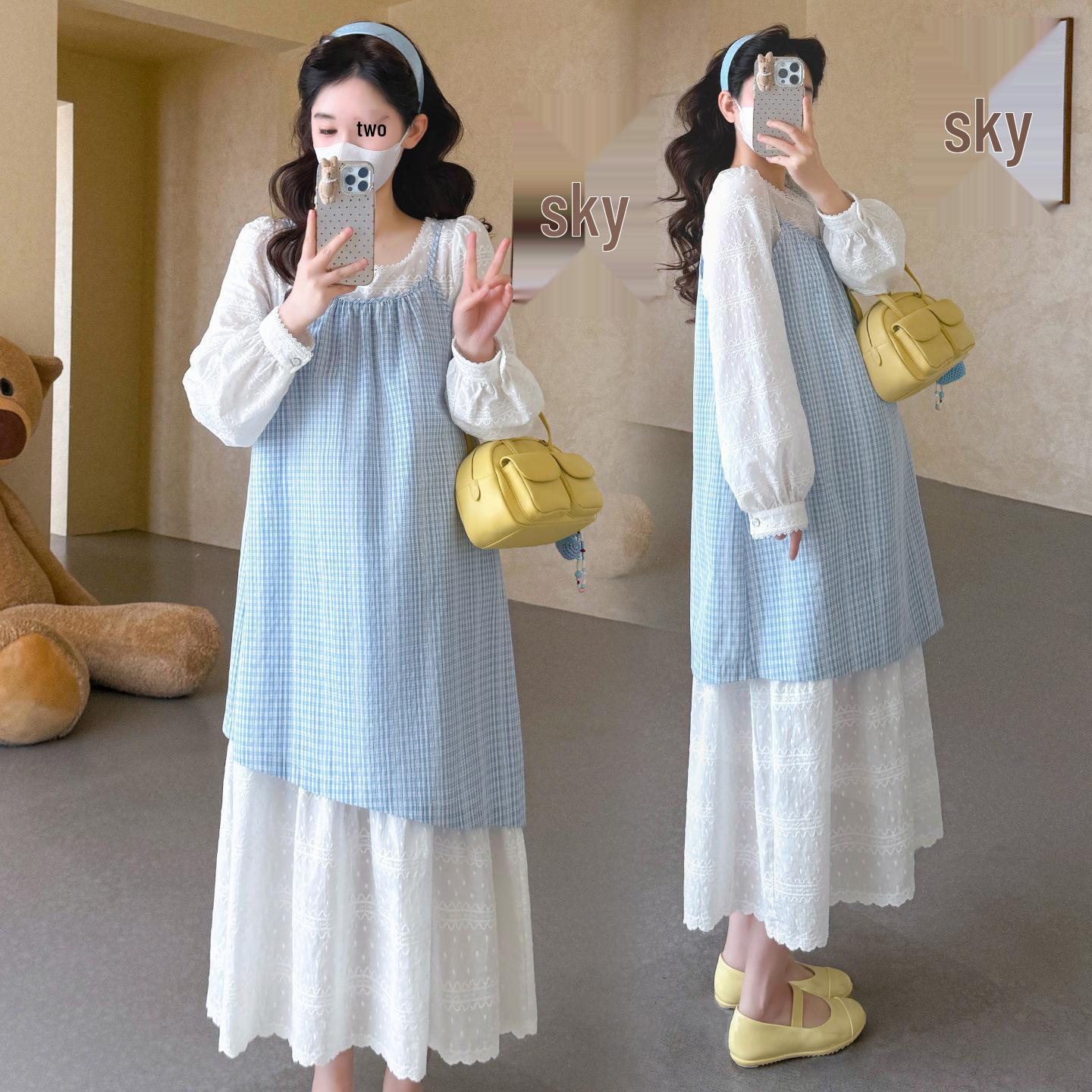 Chic Korean Maternity Dress - Spring 2026 Blue Plaid French Long Sleeve Two-Piece M
