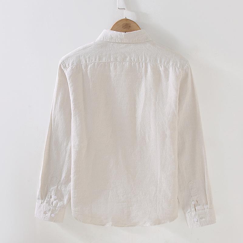 Camicia da Uomo a Maniche Lunghe in Lino Bianco – Traspirante, Casual, Stile Coreano per Primavera/Estate