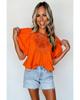 Azura Exchange Orange Hollowed Lace Splicing Puff Sleeve Blouse