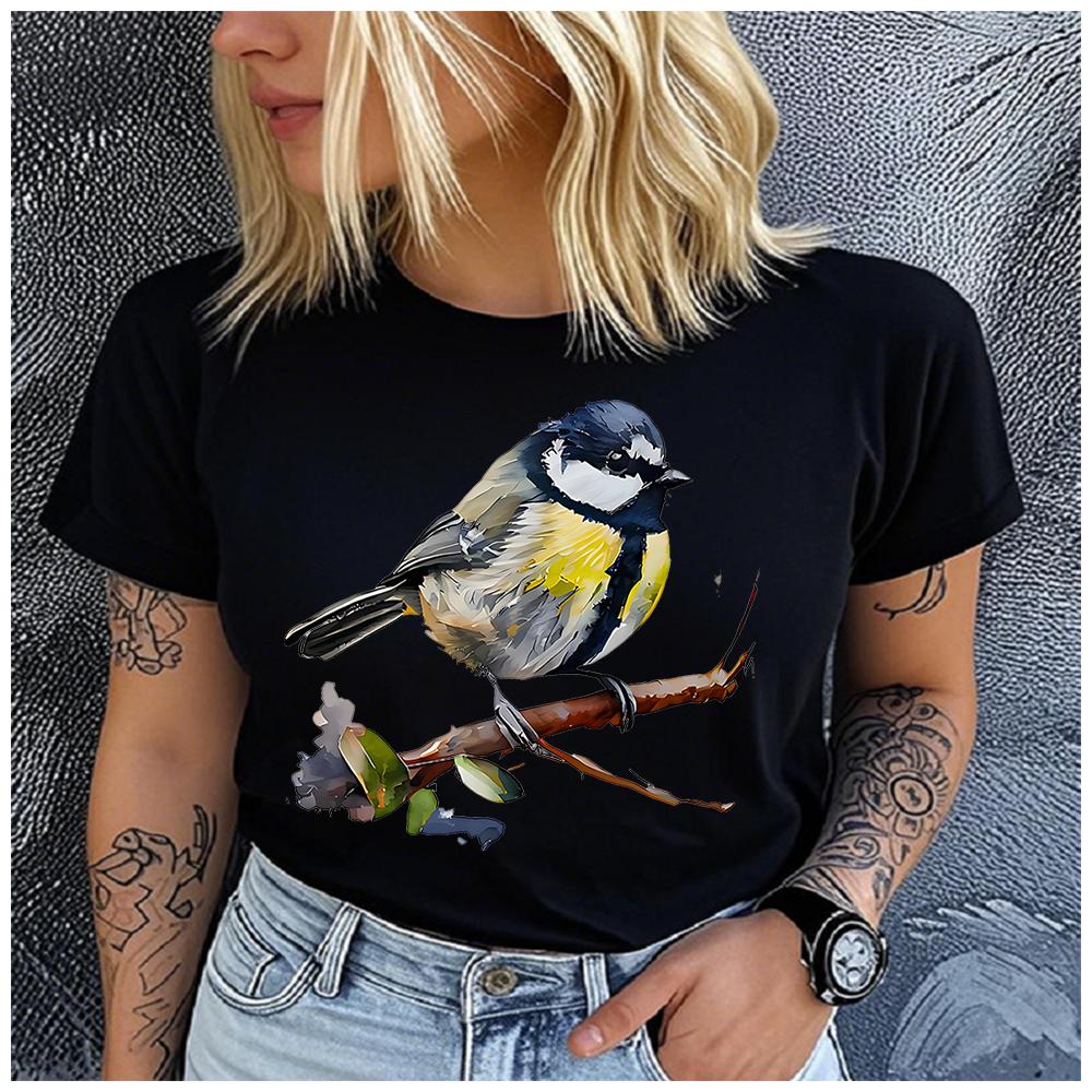 Unisex Polyester 100% Watercolor Hand-Painted Blue Jay Print T-Shirt Loose round Neck Casual Short Sleeve Fashion Top for Summer