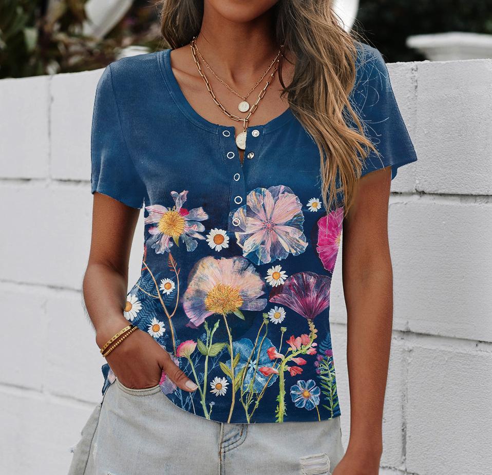 3D Digital Printed Plant Flower Series Summer T-shirt Short Sleeved Round Neck Top