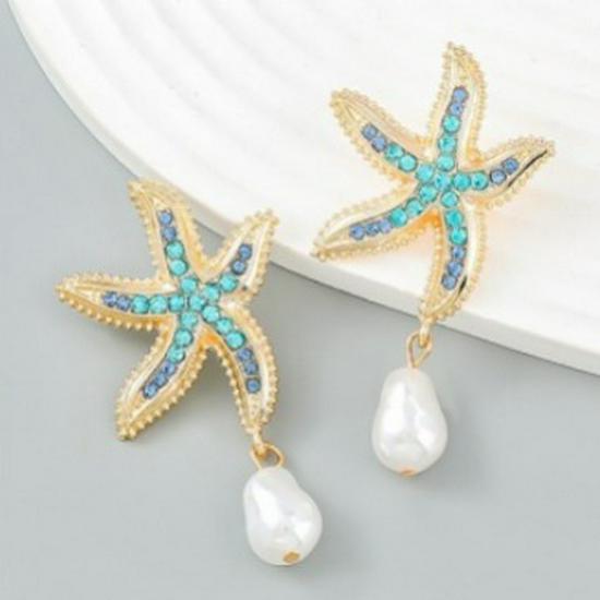 Stylish Rhinestone Starfish Shell Stud Earrings - Colorful Beach Design