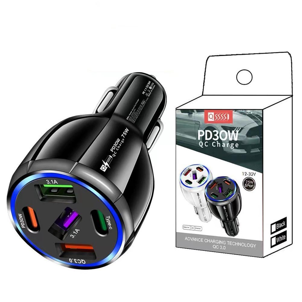 Car Charger 5 Port USB Type C 75W PD Phone Charger Quick Charge 3.0 Fast Charging Power Adapter For IPhone Samsung H U6Q0