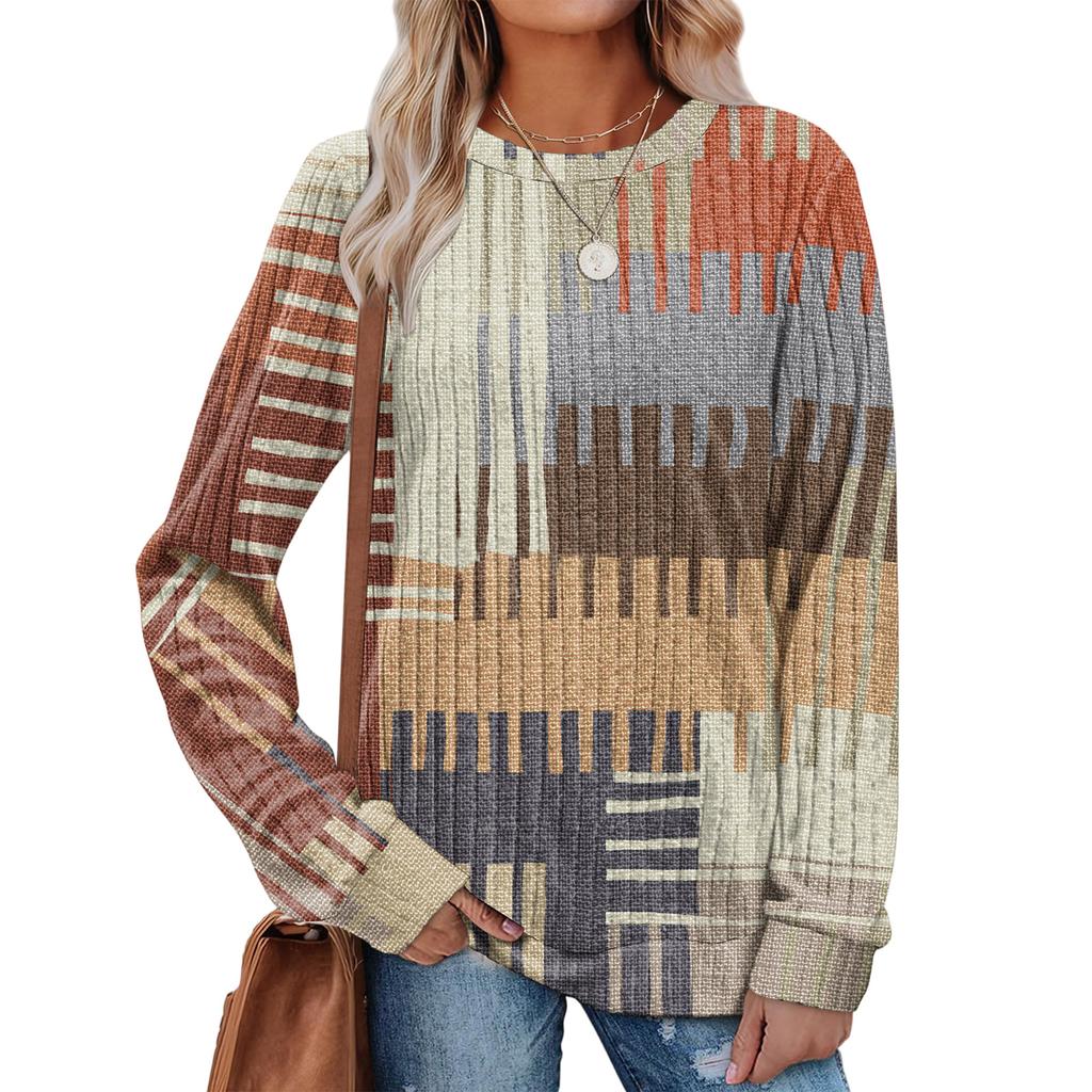 Fashionable Women's Long Sleeved Checkered Striped Printed Lightweight Sweater With Loose Round Neck Top