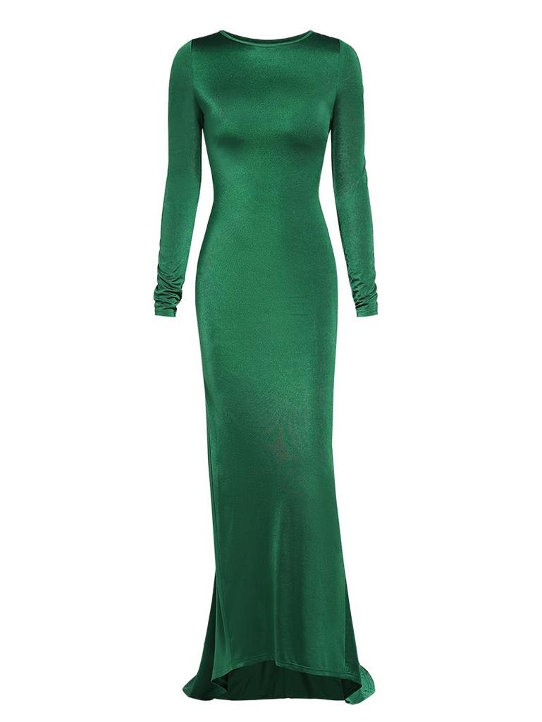 ZAFUL Women's Sexy Elegant Evening Gown Prom Solid Color Long Sleeve Ruched Open Back Mermaid Train Maxi Dress