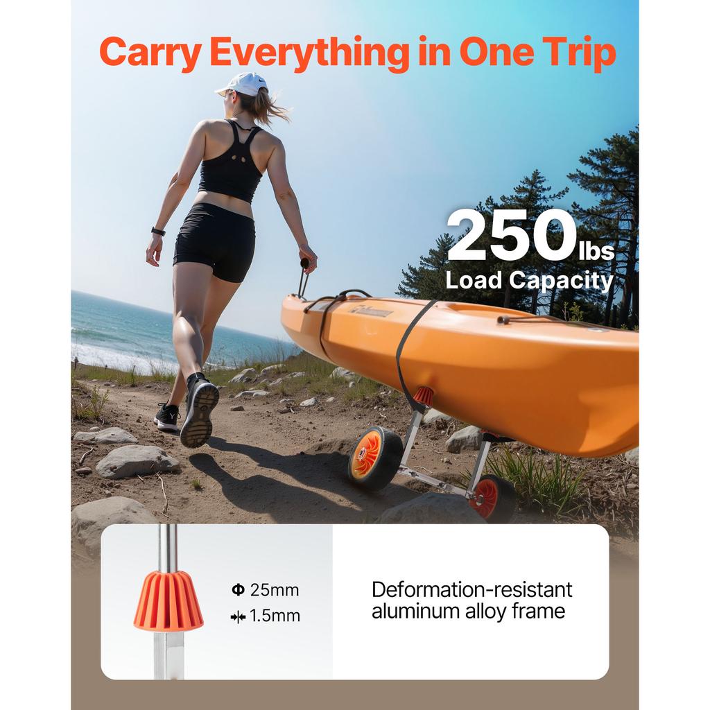 Cărucior Kayak SucceBuy Capacitate de Încărcare 250 lbs Dolly Cărucior Canoe cu Roți din Cauciuc Solid de 7.5 Inch și Suport pentru Kayak-uri Paddleboard-uri