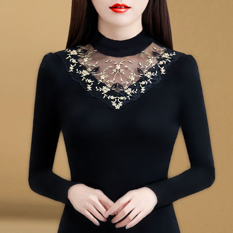 T-shirt da Donna con Fondo in Pizzo Nero a Maniche Lunghe Top Oversize