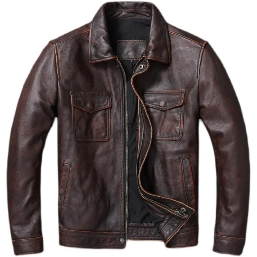 Chinese Size Casual Leather Jacket Men Real Cow Leather Retro Vintage Leather Jackets Mens Jackets