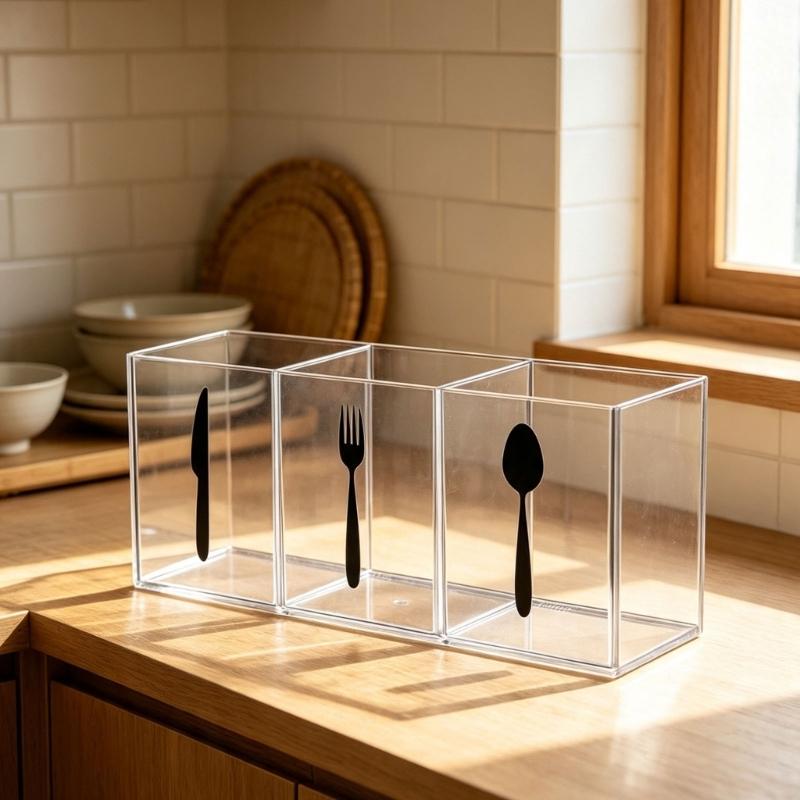 Besteckhalter Acryl 3 Fächer Besteckkasten mit Top-Zugang für Küchenarbeitsplatte und Kaffeebar Servicebereich