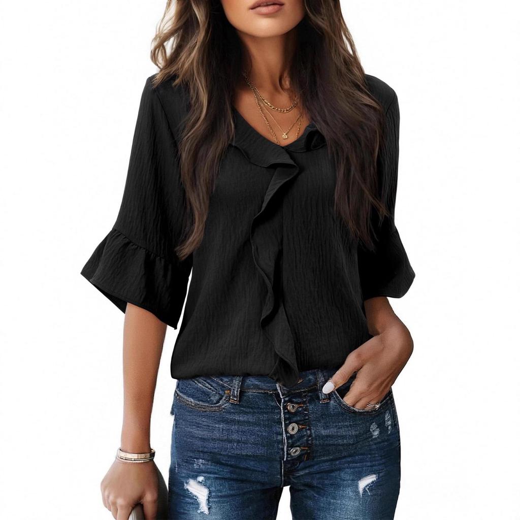 2026 Fashion Style 3/4 Sleeve Ruffle Lantern Collar Casual Top