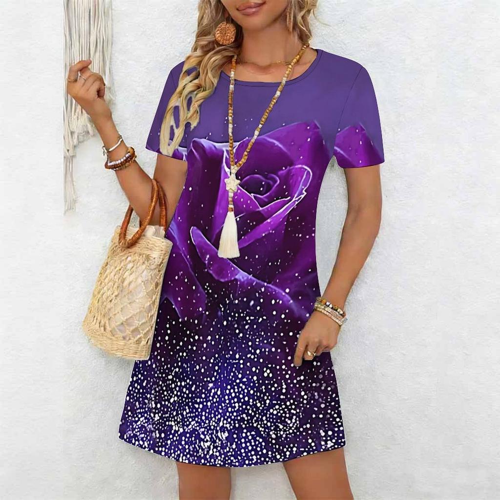 Damskie Modne Eleganckie Piękne Letnie Wiosenne Sukienki Codzienne z Nadrukiem Kwiatowym Krótkim Rękawem Okrągłym Dekoltem