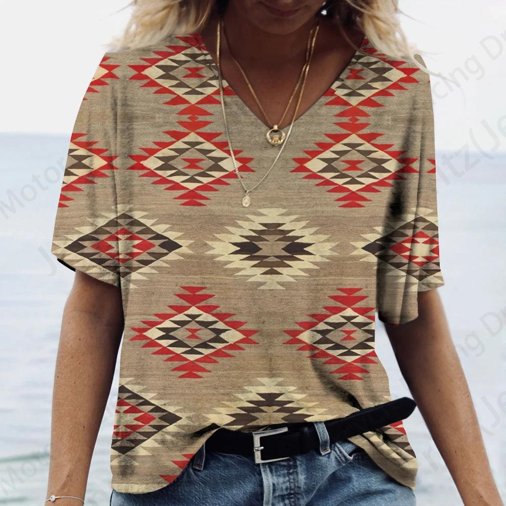 Women's T Shirt Vintage 3d Print T-shirt Women Fashion Casual V-Neck Short Sleeve Tops Tees Ethnic T Shirt Geometric Camisetas
