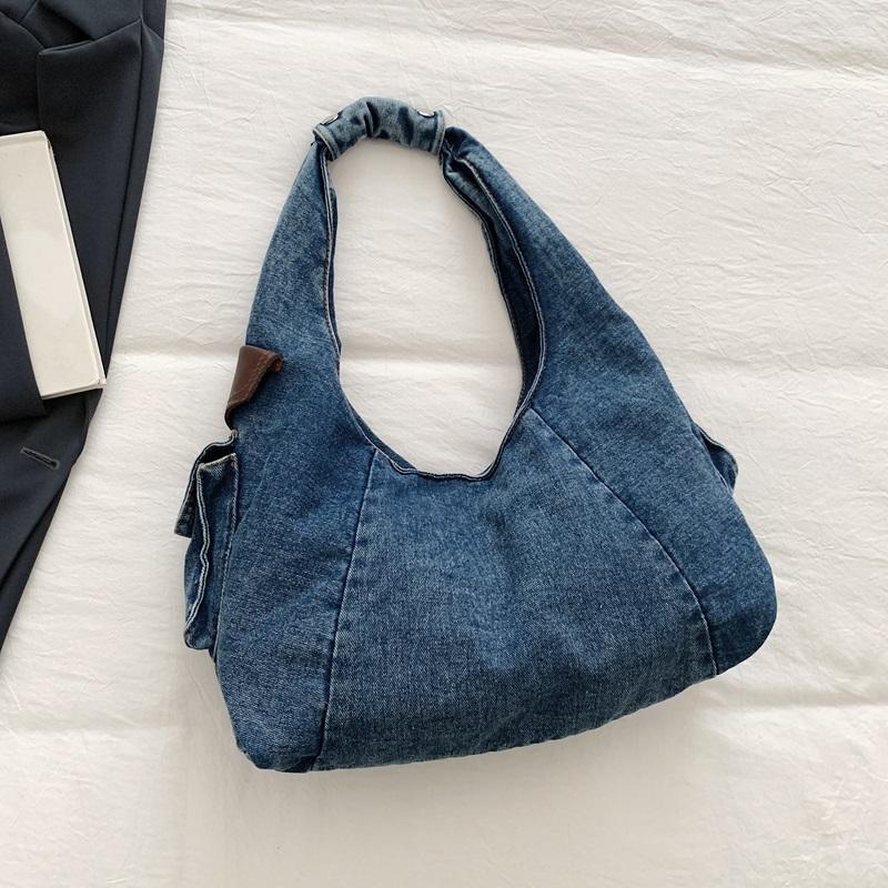 Washed Denim Slouchy Hobo Bag with Multi Pocket Design and Ruched Strap Casual Shoulder Purse for Women Daily Travel