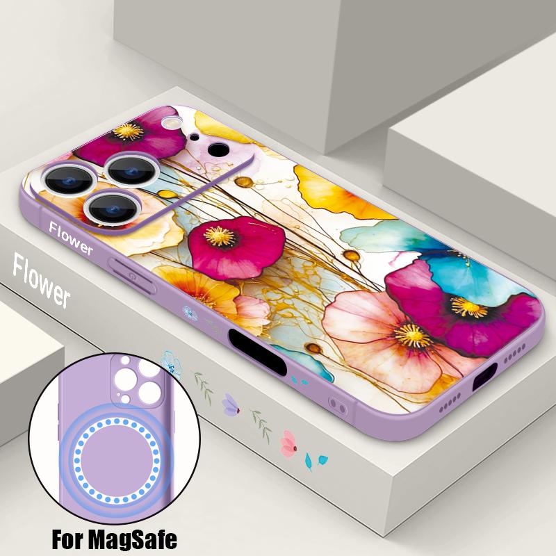 

Oil Painting Flower Pattern Case For iPhone 17 Pro Max iPhone 16 15 14 13 Pro Max Magnetic For Magsafe Soft Silicone Phone Back Cover iPhone 13 Pro