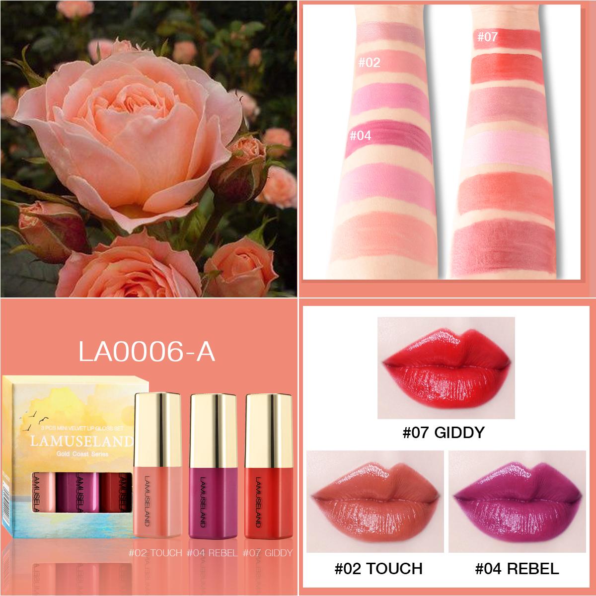 

LAMUSELAND 3 шт./компл. серия Gold Coast, бархатный увлажняющий блеск для губ, увлажняющая жидкая помада для губ, макияж