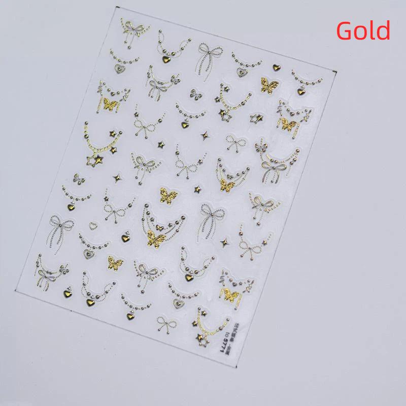 1 Sheet Silver Gold Stamping Nail Art Stickers Bowknot Butterfly Necklace Pattern Easy Apply Decals for Home Salon Manicure